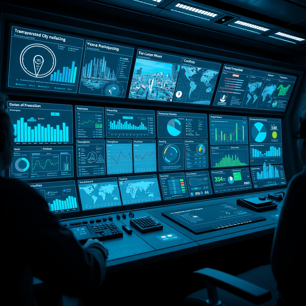 A photorealistic rendering of a futuristic control panel, showing various data visualizations and interactive dashboards related to city planning and resource management. The scene is dimly lit with a cool color palette, emphasizing the digital nature of the platform. The camera focuses on the intricate details of the panel, conveying a sense of control and efficiency. Technical specs: 4K resolution, high quality, photorealistic.