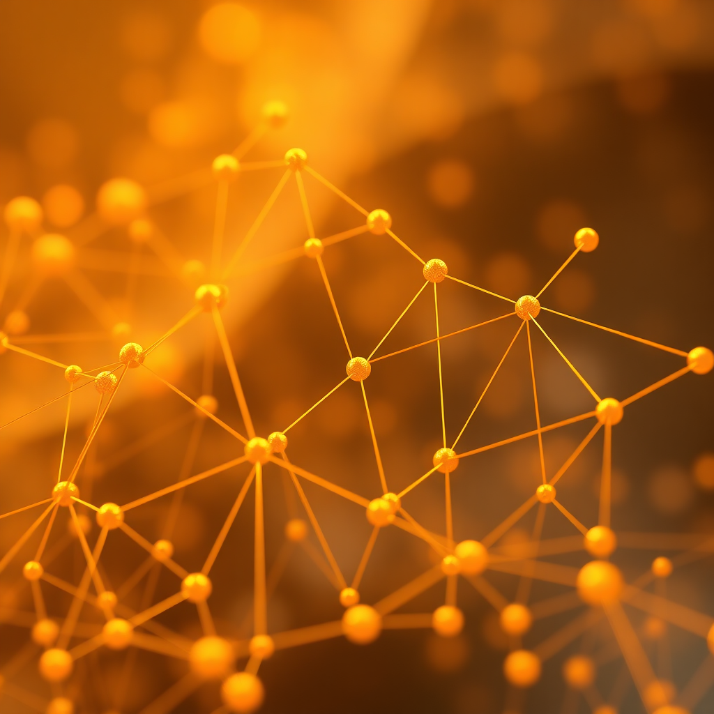 An abstract representation of a growing network, with nodes expanding and connecting to each other. The color palette is warm and inviting, using golds and oranges to convey a sense of growth and expansion. The style is fluid and organic, suggesting adaptability and flexibility. Technical specs: 4K resolution, high quality, abstract rendering.